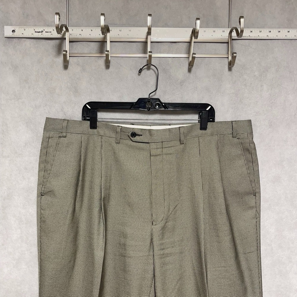 Ralph Lauren Pants Men 44x32 Beige Gray Houndstooth Flannel Cuffs Double Pleated